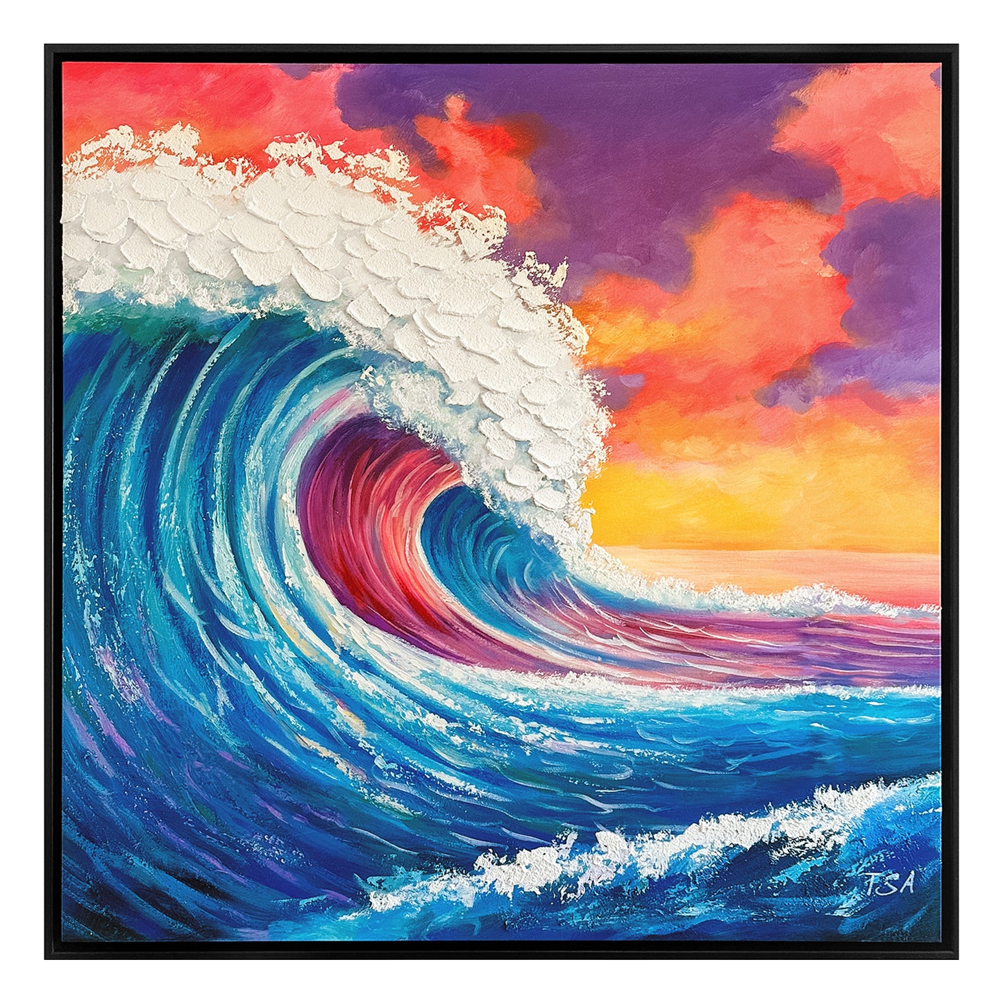 A vibrant hand-painted artwork of a wave bathed in warm red and orange hues from the sunset at Jeffreys Bay, South Africa. A stunning tribute to one of the world’s most iconic surf destinations.