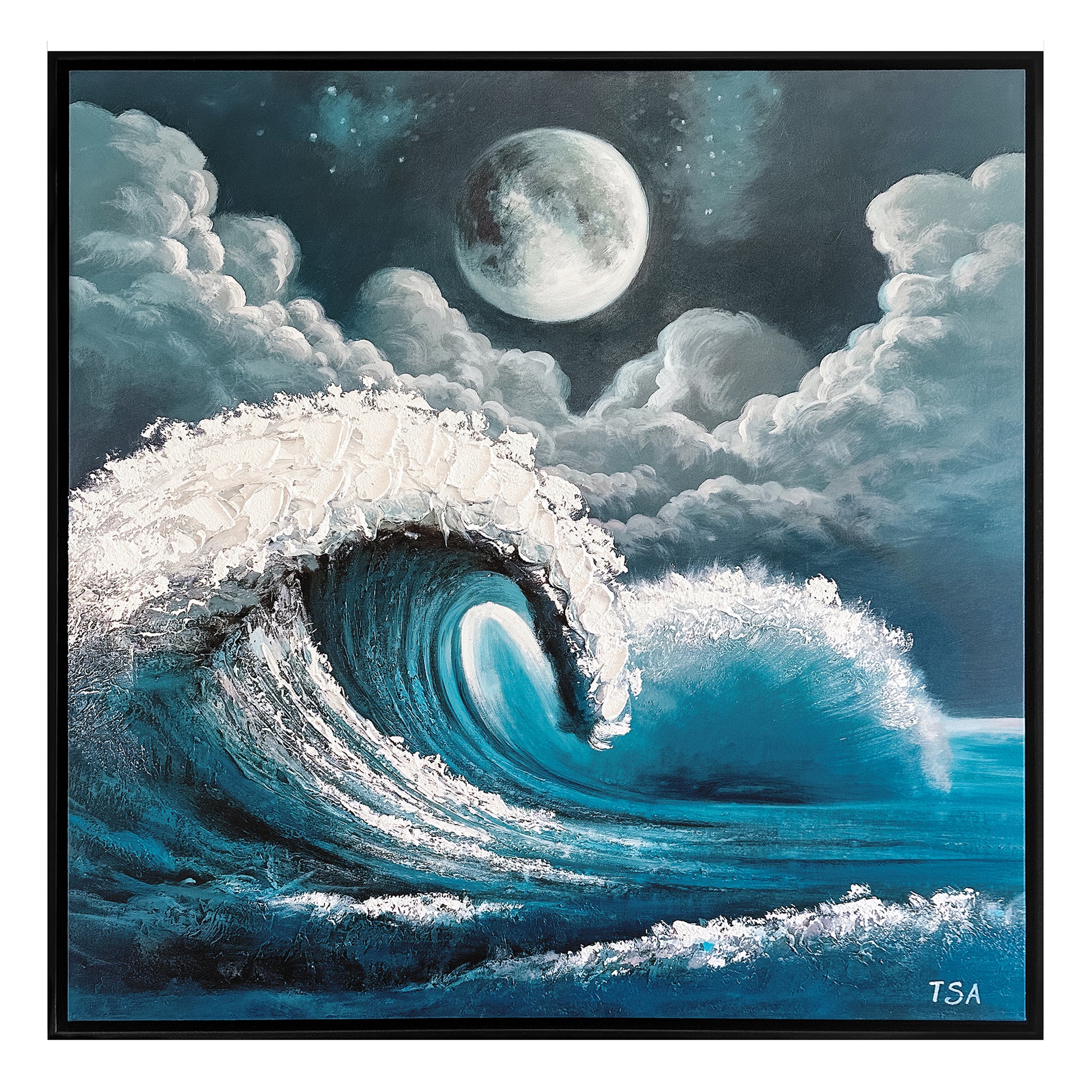 A captivating hand-painted artwork of a moonlit wave at Pipeline, Hawaii. This piece captures the serene beauty of a night surf under a glowing full moon.