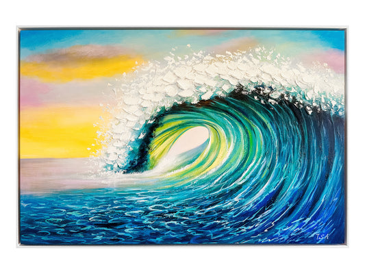 A stunning hand-painted artwork of a glowing wave at sunrise on Bells Beach, Australia. Vibrant hues of gold and blue bring the ocean's morning energy to life.