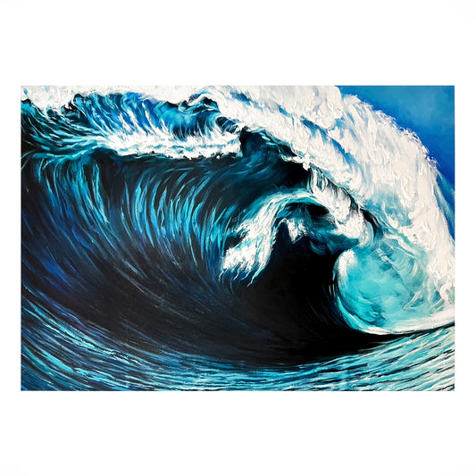 A dramatic hand-painted artwork capturing the raw power of a legendary wave at Teahupoo, Hawaii. Deep ocean blues and white crests showcase the intensity of the surf.