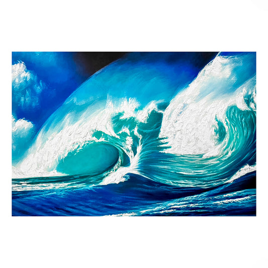 A powerful hand-painted artwork of a colossal wave at Waimea Bay, Hawaii. Depicting the raw energy and majesty of one of the world’s most iconic surf spots.